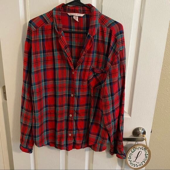 Victoria’s Secret Red Plaid Button Down Sleep Shirt Women's Size Large "Dream" - Picture 2 of 8
